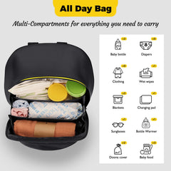 Minne Baby Upperkids storage bag worn as a backpack for hands-free strolling