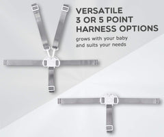 Minne high chair straps with convertible 3-point option for growing children.