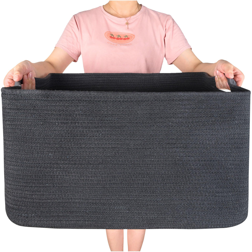 MINTWOOD Design 22in rectangle blanket basket with handles for organized living room storage.