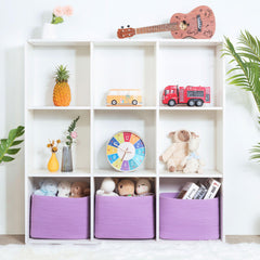 Mintwood Design lilac storage basket organizer full of small items.