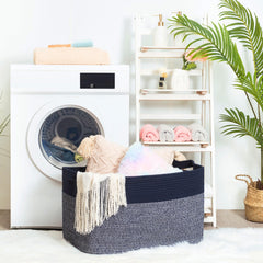 Mintwood Design rope basket used as bathroom towel storage showcasing versatility.