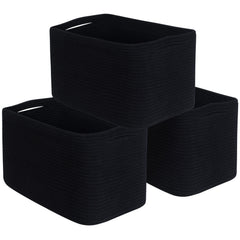 MINTWOOD Design full-black 3-pack baskets on a shelf organizing books and gadgets.