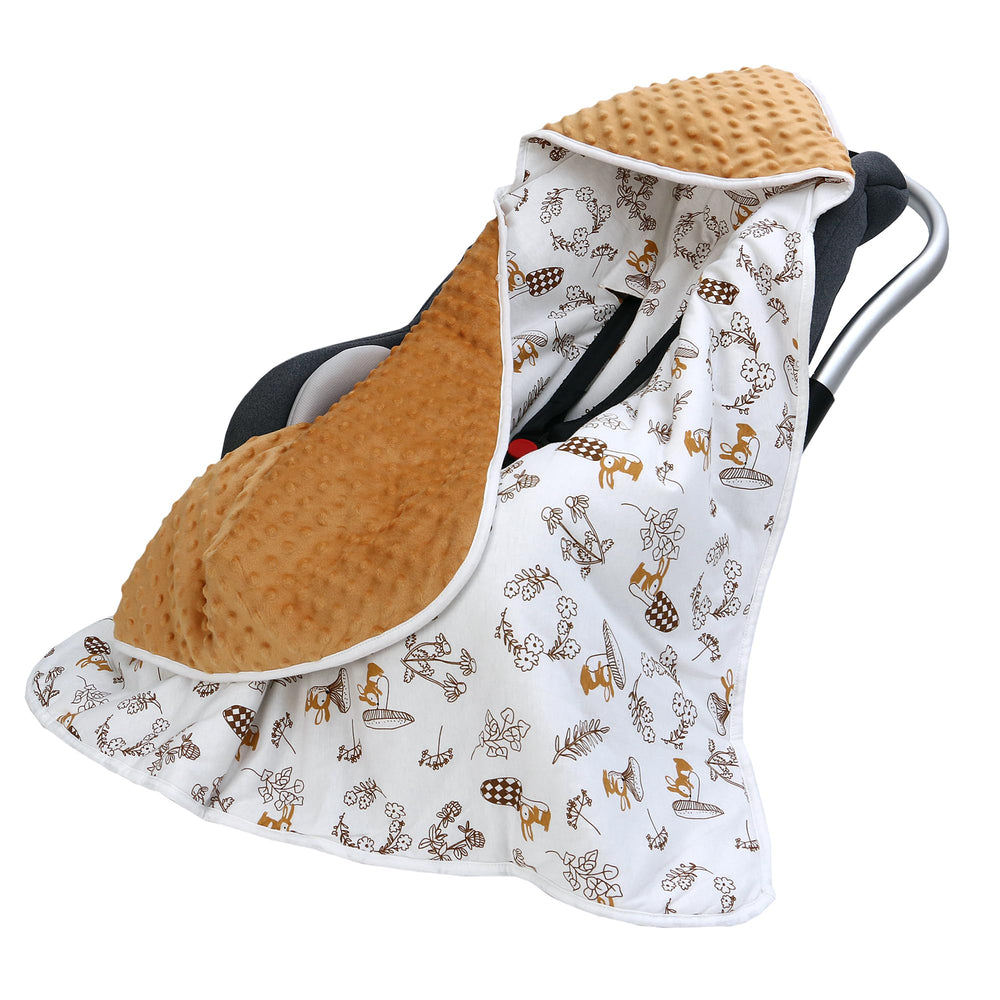 Miracle Baby car seat swaddle hood demonstrates adjustable warmth for winter outings
