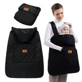 Miracle Baby Carrier Cover showing waterproof outer shell protecting the baby during a rainy stroller ride
