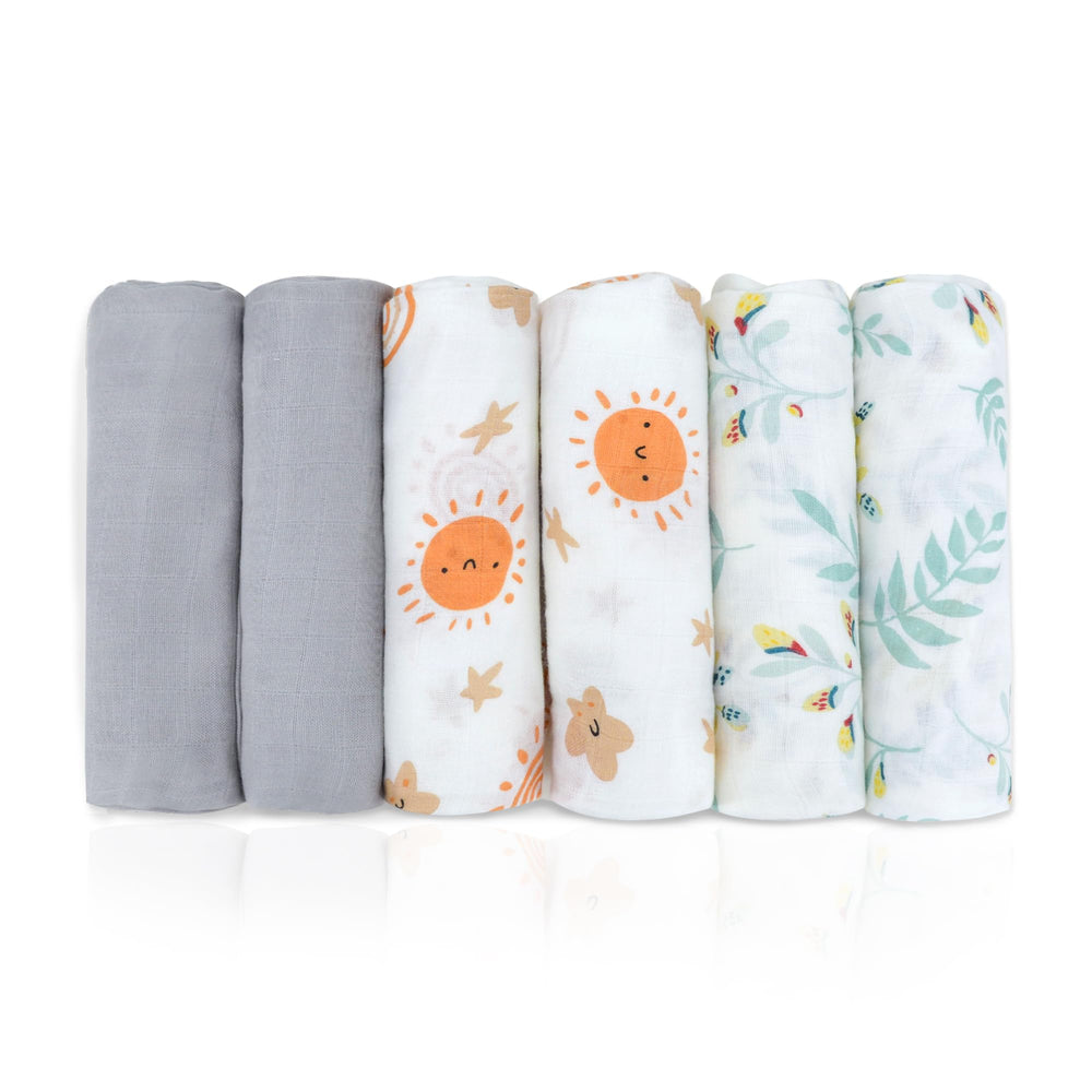 Miracle Baby sun muslin swaddle square shows soft fabric for gentle newborn swaddling.