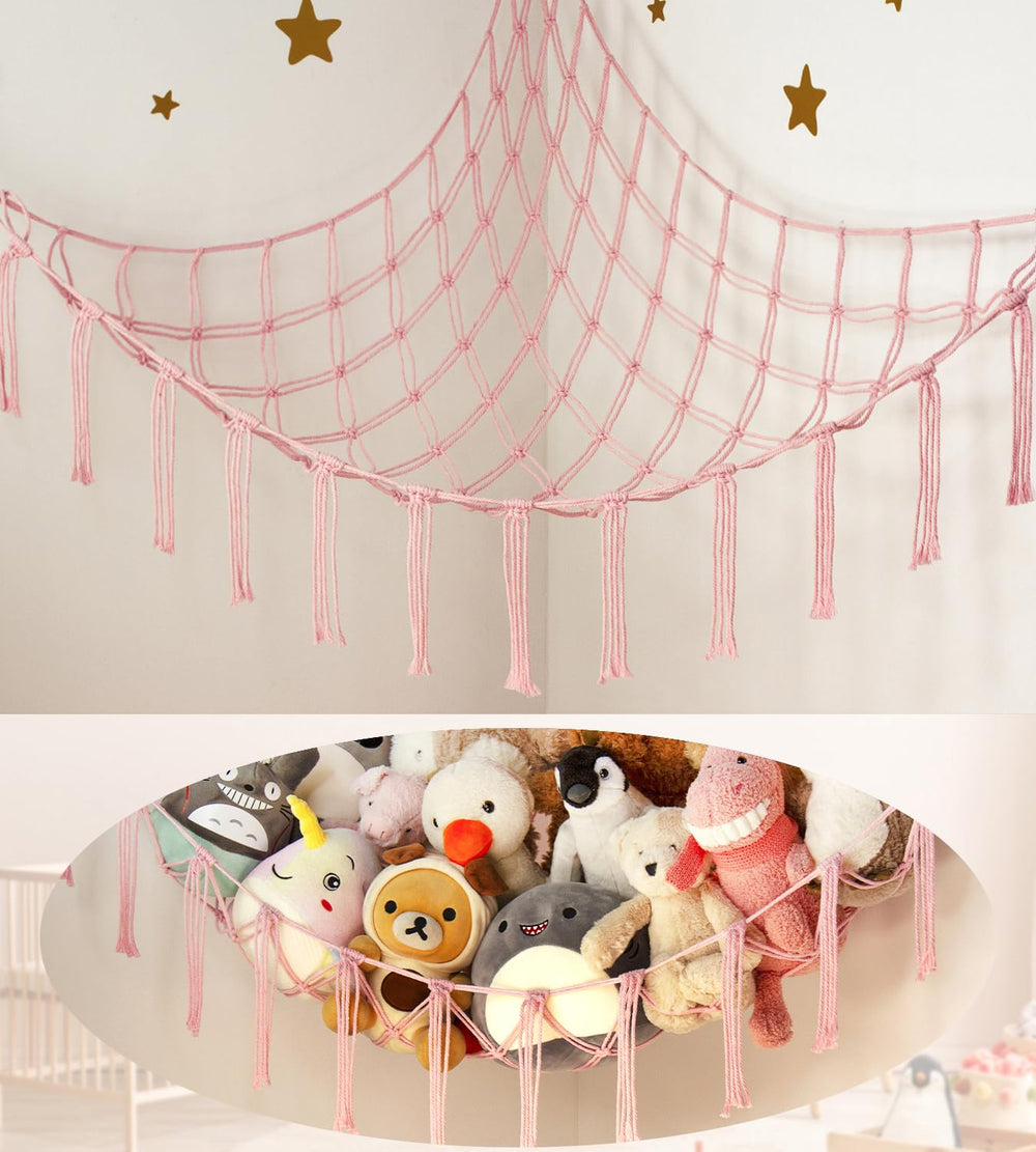 Mirolam stuffed animal hammock corner net pink for organized toy storage.