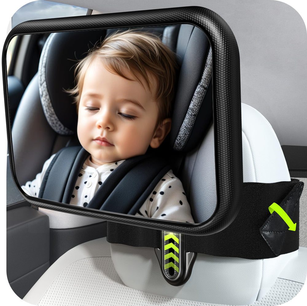 Mirrorsafe fixed headrest mirror on a Tesla back seat for safe baby monitoring.
