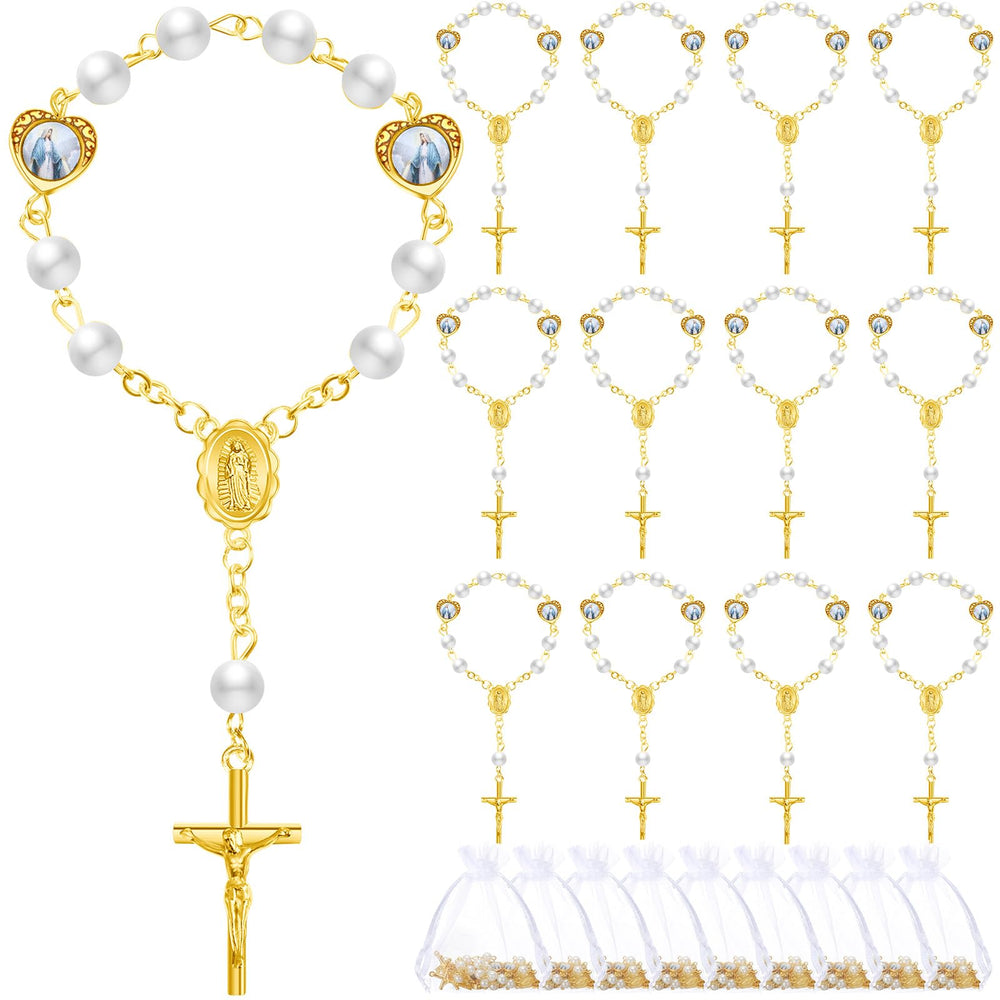 Misdary baptism rosary with faux pearls on a gold chain for guest keepsakes.