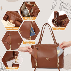 Miss Fong leather diaper bag tote showing 12 pockets layout for outings.