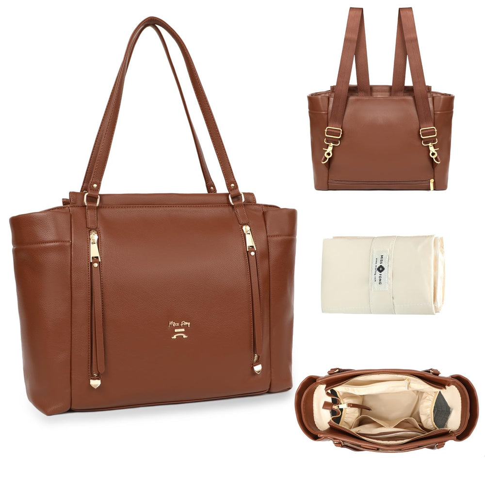 Miss Fong leather diaper bag tote with front pocket for quick access to essentials.