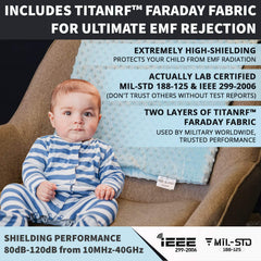 Mission Darkness TitanRF blue blanket on crib demonstrating cozy space