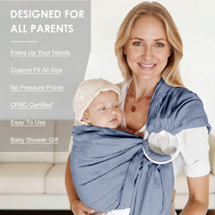 MISSWISDOM baby ring sling blue close-up rings highlights durable hardware and ergonomic design.