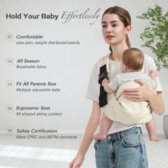 MISSWISDOM baby sling shows back strap adjustment for a snug, comfortable fit.