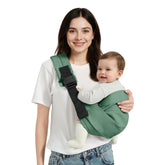 Misswisdom baby sling worn front view showing secure fit and comfort