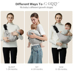MISSWISDOM baby sling showing front and back safety buckles in grey