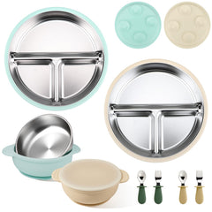 Mity rain stainless steel toddler plate with suction base keeps meals in place.