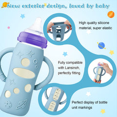 Mity rain sleeve fits Lansinoh 8 oz glass bottles with handles.