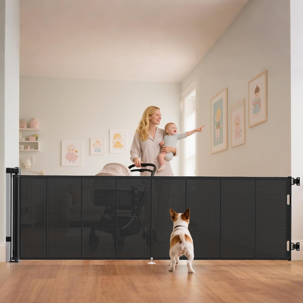 Miumoon retractable gate 100-inch wide fits wide doorways for family use.