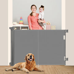 Miumoon retractable gate on stairs with reinforced fiber bar for stability.
