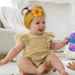 MIUXUESO red headbands on a toddler, secure fit with cute flair