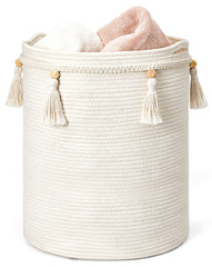 Mkono macrame basket with tassel in white cotton for stylish storage.