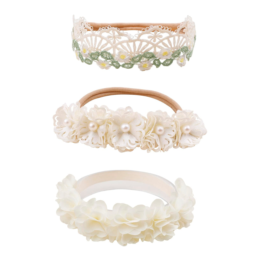 mligril baby headband with pink floral bow, gentle on delicate skin.