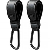 MoBearer baby stroller hooks attached to a black handle for hands-free shopping.