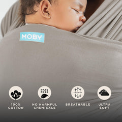 Moby wrap with instructional guide in stone grey for easy wrapping reference.