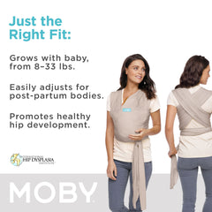 Moby Element wrap in baby hug position demonstrates close contact and portability.