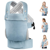 MOCKPOSE baby carrier denim blue front view supports hip and spine alignment.