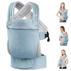 MOCKPOSE baby carrier denim blue front view supports hip and spine alignment.