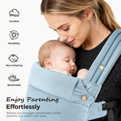 MOCKPOSE denim blue side-carry position demonstrates three-way versatility for growing babies.