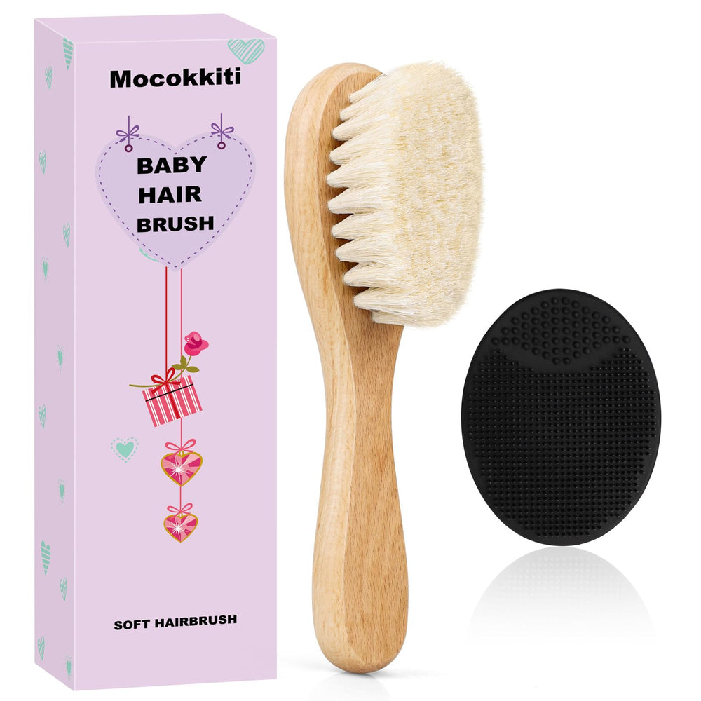 Mocokkiti baby hair brush with ultra-soft goat bristles for gentle scalp care.