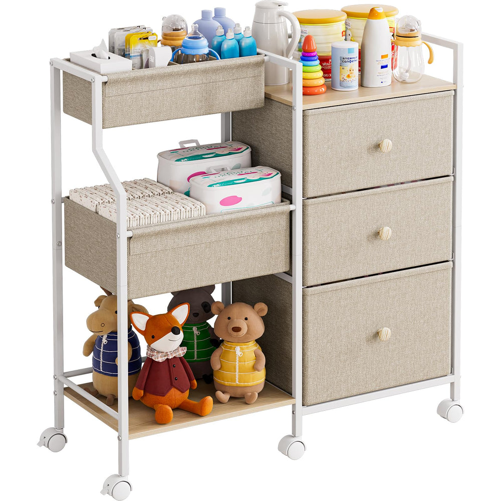 Modanais baby organizer 3-tier cart – side view for mobile nursery storage efficiency.