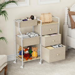 Modanais off-white nursery cart with wooden panels blending with calm décor.