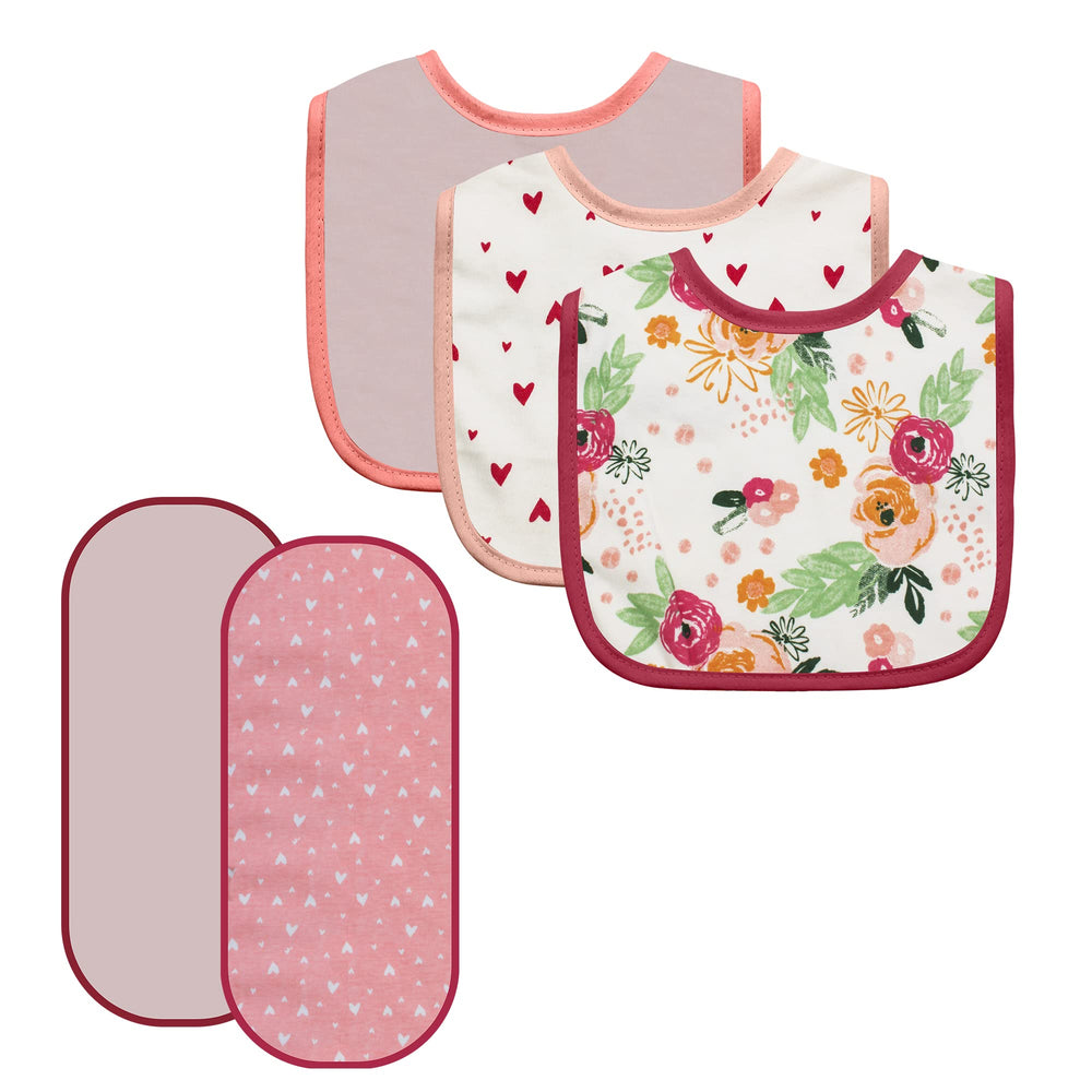 MODERN BABY rose floral bibs for gentle neck comfort and drool protection.