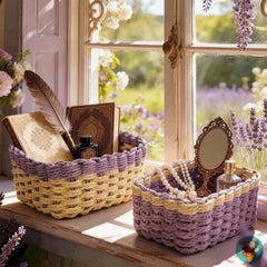 CALM basket on a shelf with colorful items for decluttering