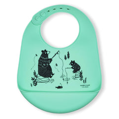 Modern Twist Bucket Bib with pocket catches spills for easy cleanup at meals.
