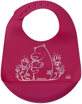 Modern-Twist bucket bib pink bears design catches spills during meals.