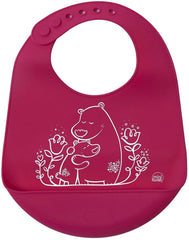 Modern-Twist bucket bib pink bears design catches spills during meals.