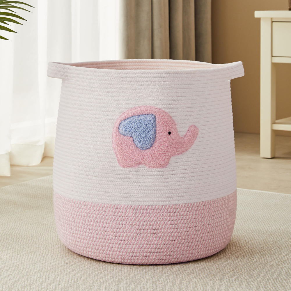 MOJOSCEND 65L pink elephant laundry basket in a nursery ideal for toys and blankets