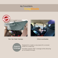 Mollycoddle sun visor extender reduces glare for rear- and forward-facing seats during trips.