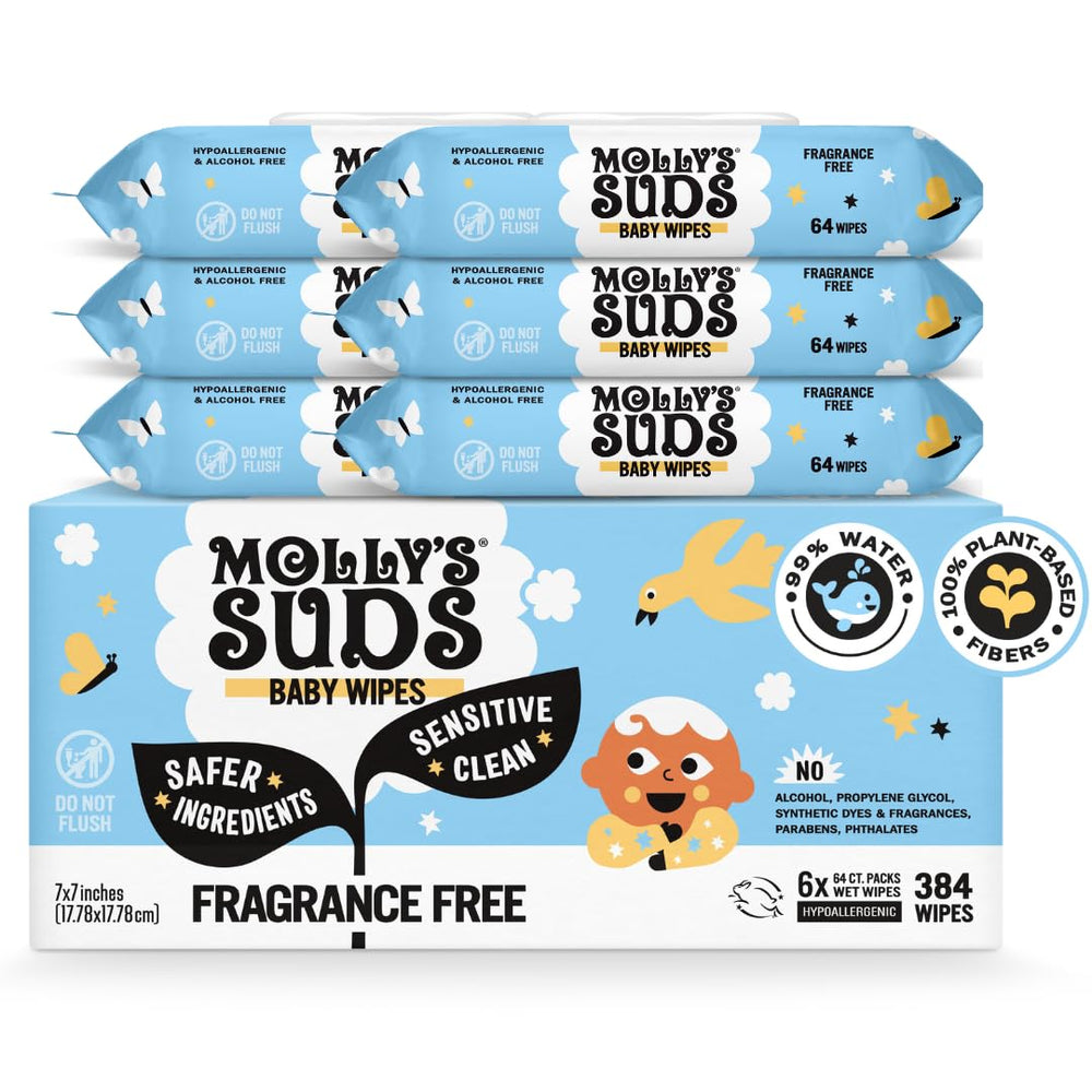 Molly's Suds sensitive clean baby wipes in a 6-pack flip-top, gentle for delicate skin.