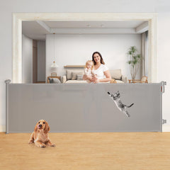 Momcozy 118in wide retractable gate showing wide opening coverage and space saving.