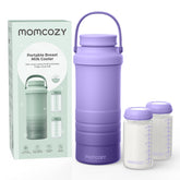 Momcozy 22oz portable breast milk cooler front view in purple keeps milk cold on trips.