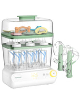 Momcozy 3-layer bottle sterilizer top view showing large capacity for bottles and accessories.