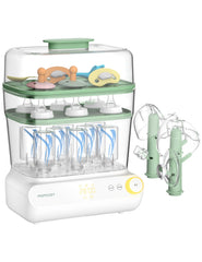 Momcozy 3-layer bottle sterilizer top view showing large capacity for bottles and accessories.
