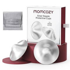 Momcozy 999 silver nursing cups with hole-free design worn discreetly to help prevent leakage.