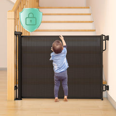 Momcozy Auto Lock Retractable Gate in use showing effortless one-handed operation.