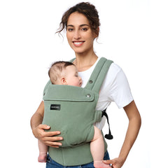 Momcozy baby carrier natural cotton linen fabric supports cooling comfort during walks.